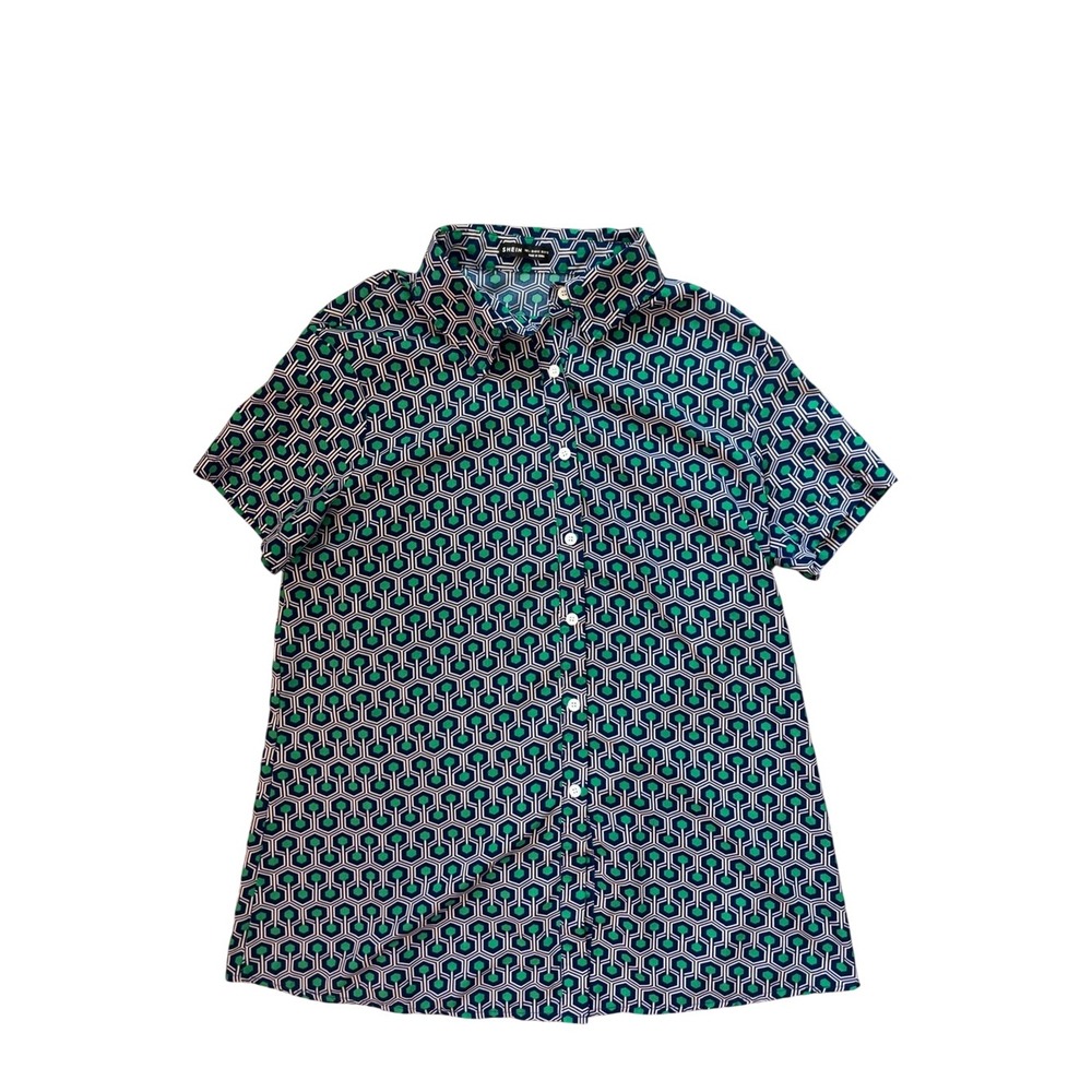 Shein Mens Geometric Honeycomb Print Short Sleeve Button Down Shirt Green Blue L